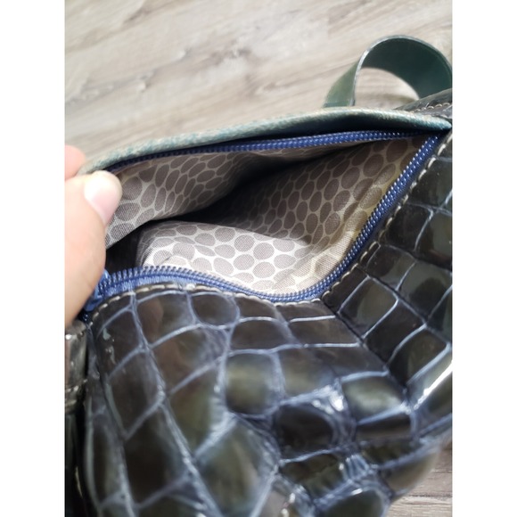 Brighton Leather Purse Crossbody Blue Patent Embossed Crocodile Bag Charm Tassel - Picture 11 of 13